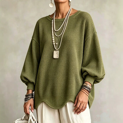 Women's top - Round neck, puff sleeves, and wavy hem