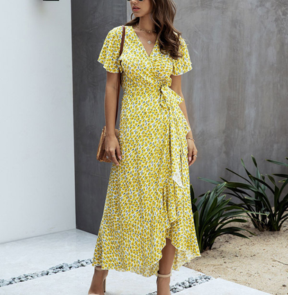 Robe Cache-Cœur Florale Élégante pour Femme – Style Estival à Volants