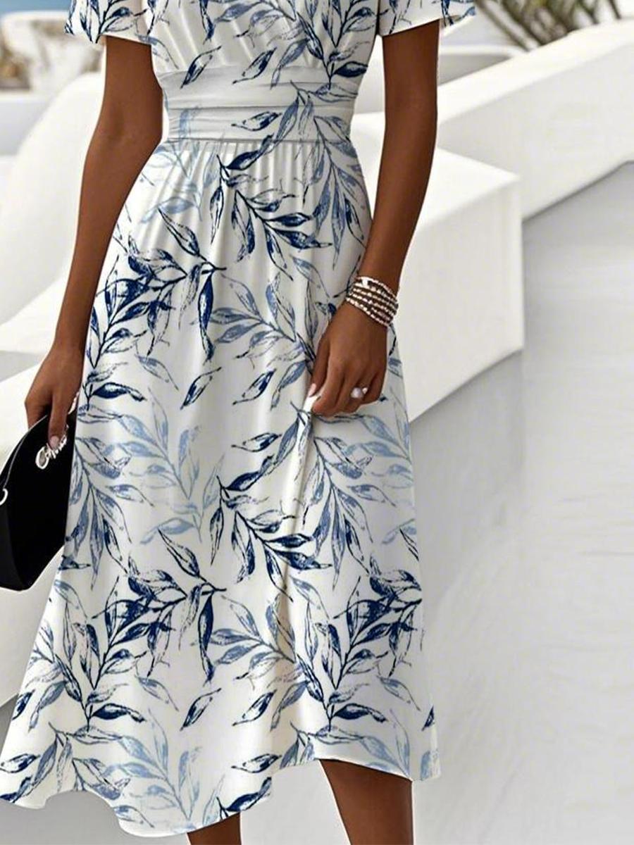 Robe Midi Fleurie Élégante Femme Col V – Silhouette Évasée à Manches Courtes