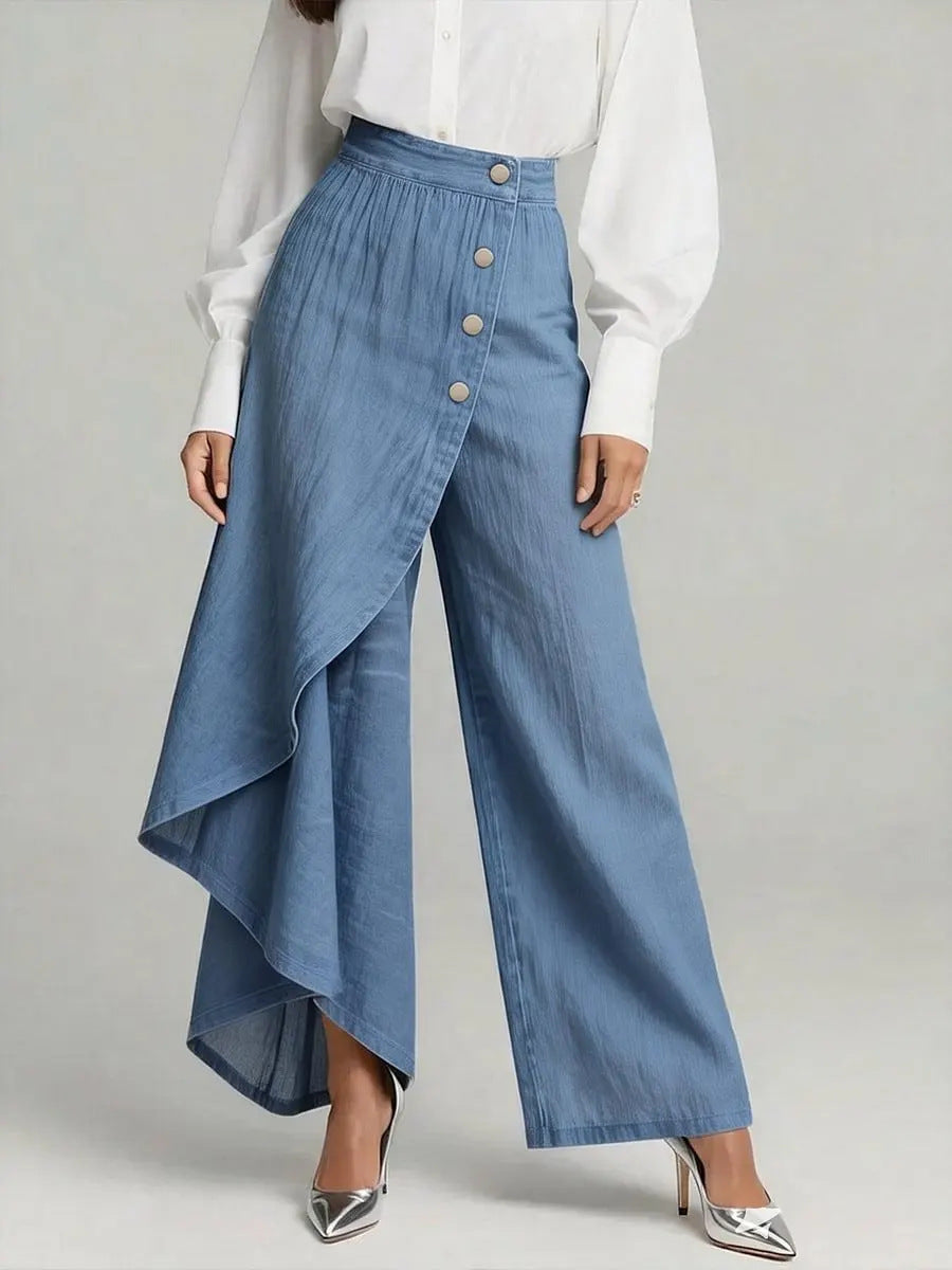 Pantalon faux jean droit unique pour femmes – Pantalon mode avec boutons à volants