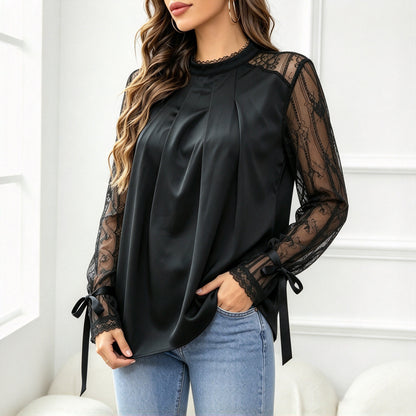 Blouse femme col montant plissee dentelle - Elegante et raffinee