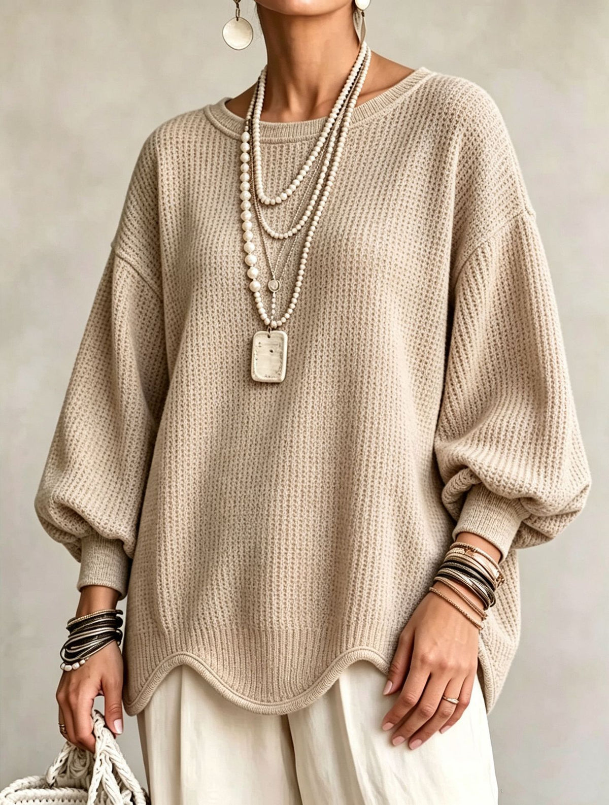 Women's top - Round neck, puff sleeves, and wavy hem