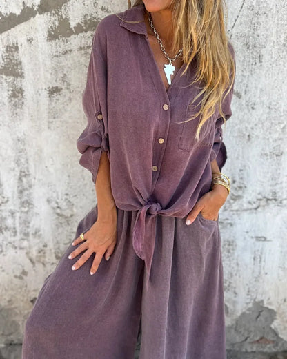 Ensemble Deux-Pièces Femme Décontracté et Tendance – Chemise à Manches et Pantalon Large Confortable