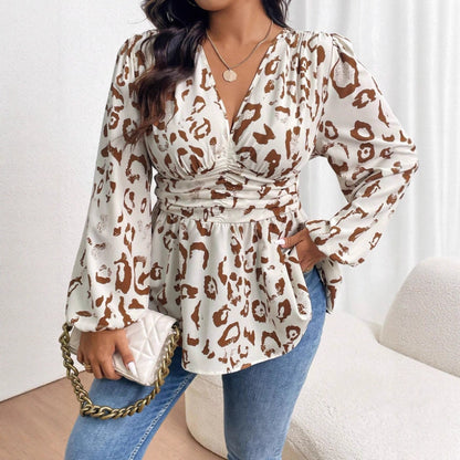Camisa de mujer con estampado de leopardo, cuello en V y mangas largas
