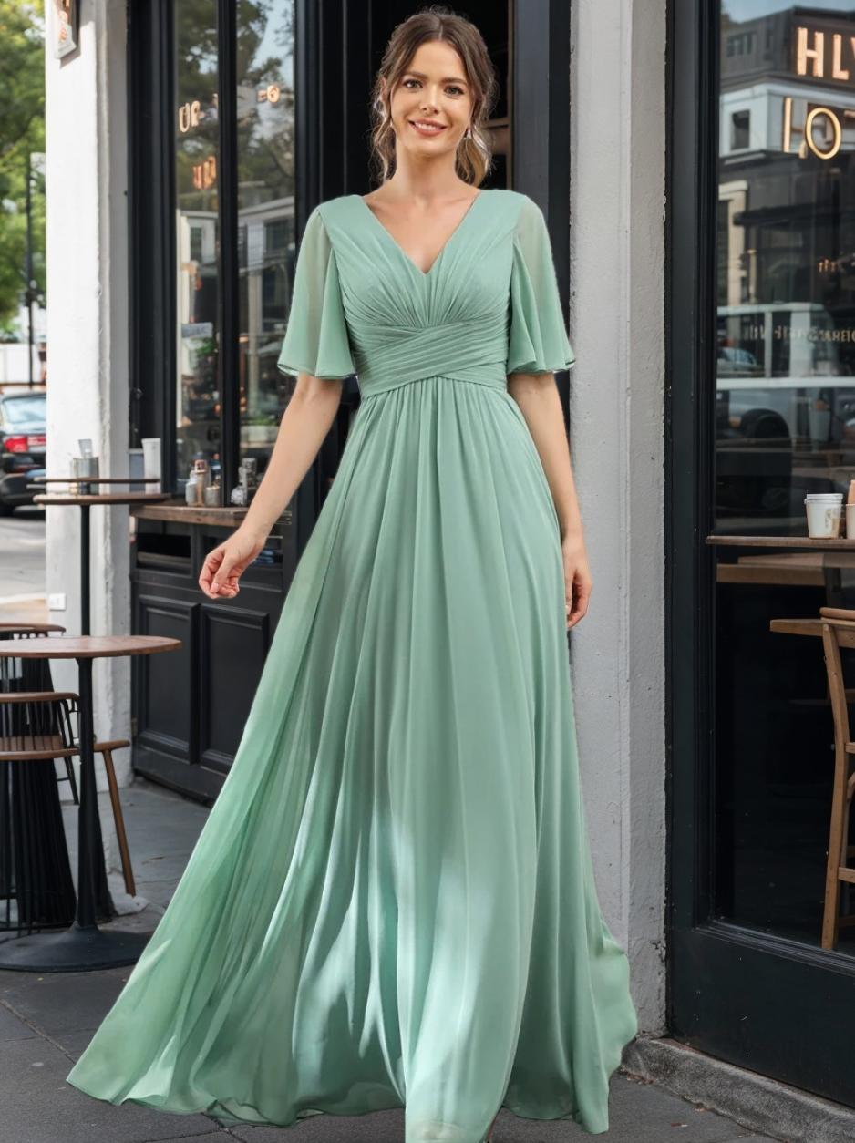 Robe Longue en Chiffon Élégante – Silhouette Fluide A-Line avec Fente Latérale et Volants