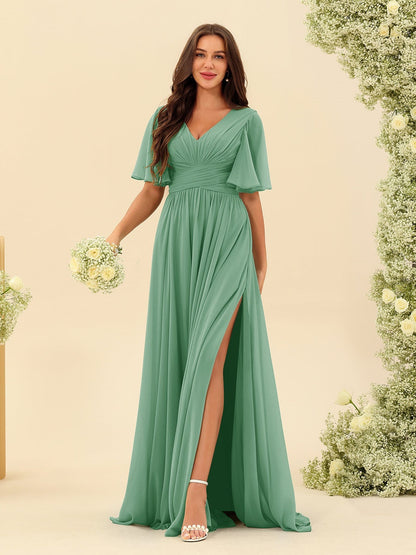 Robe Longue en Chiffon Élégante – Silhouette Fluide A-Line avec Fente Latérale et Volants