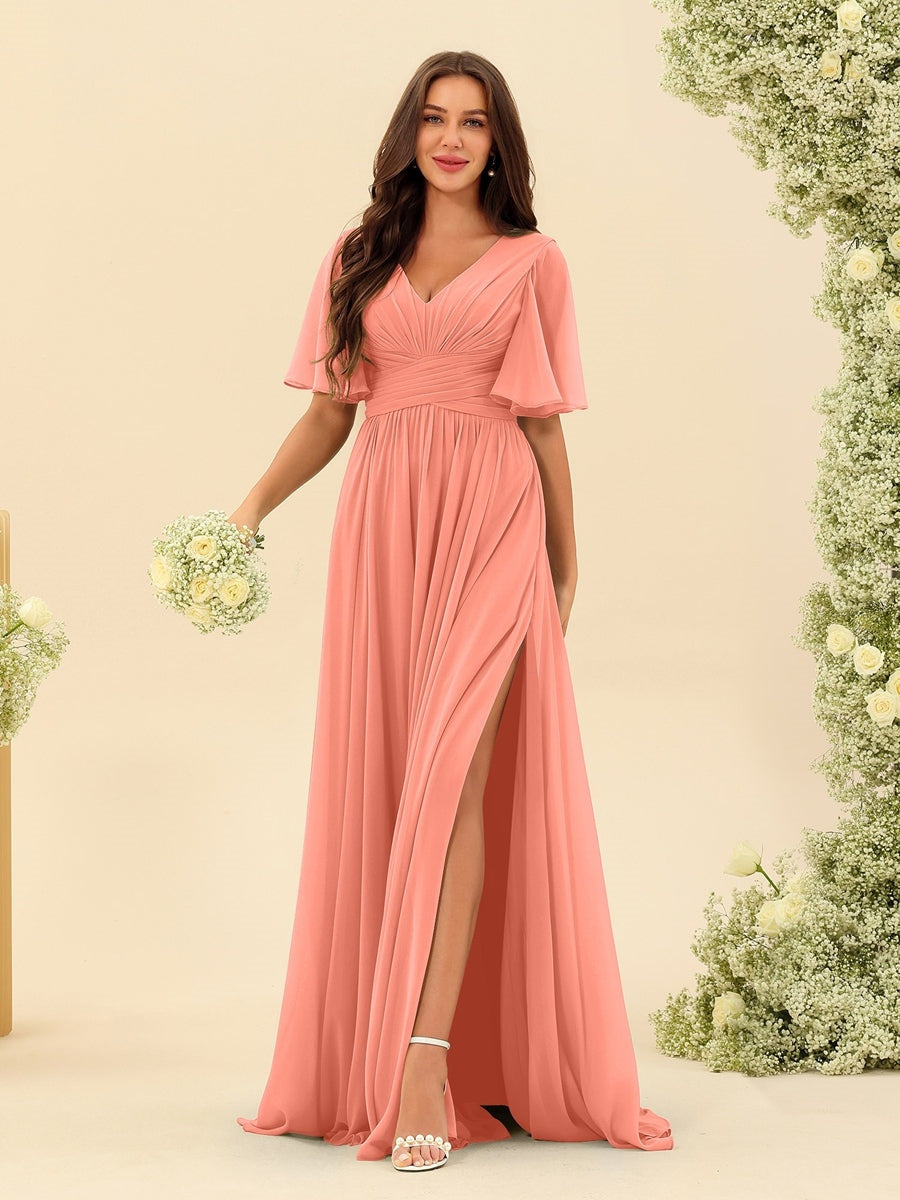 Robe Longue en Chiffon Élégante – Silhouette Fluide A-Line avec Fente Latérale et Volants