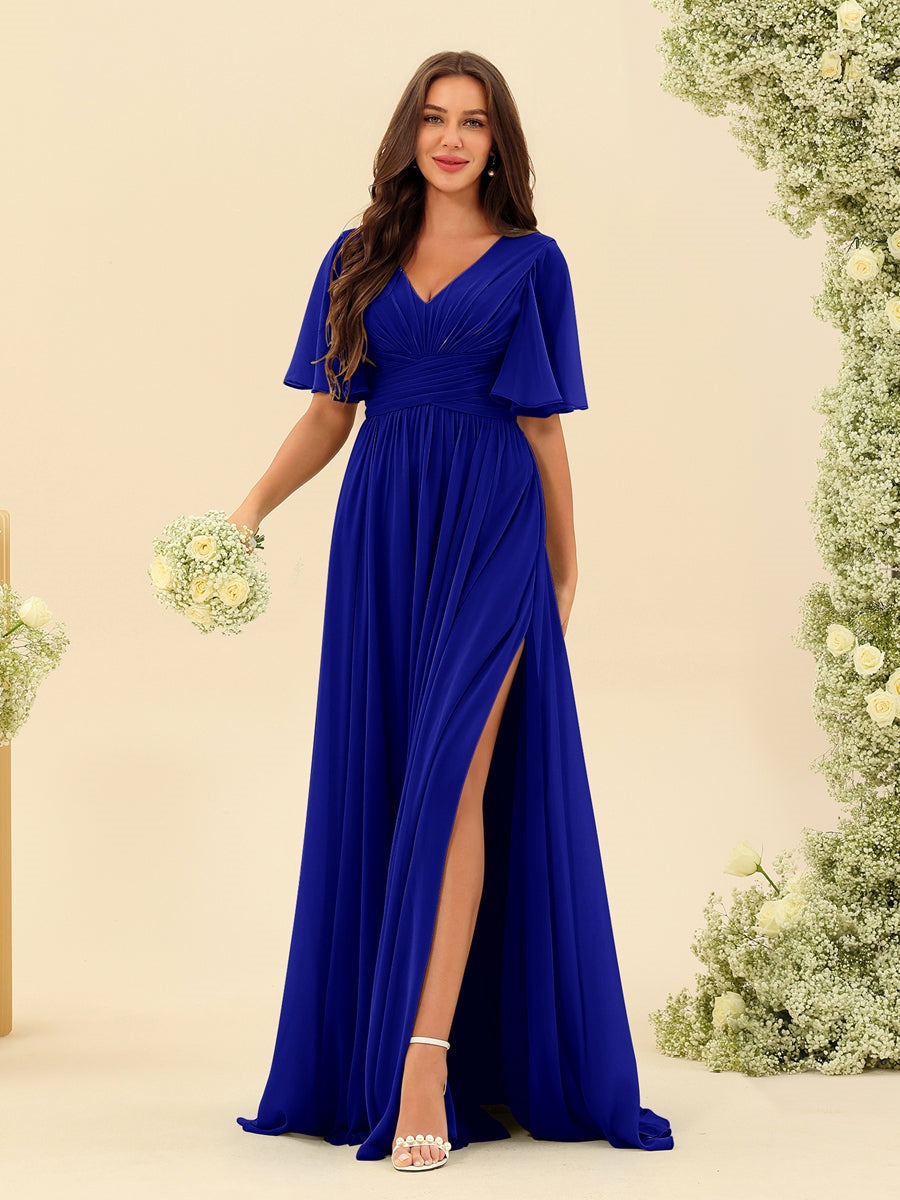 Robe Longue en Chiffon Élégante – Silhouette Fluide A-Line avec Fente Latérale et Volants