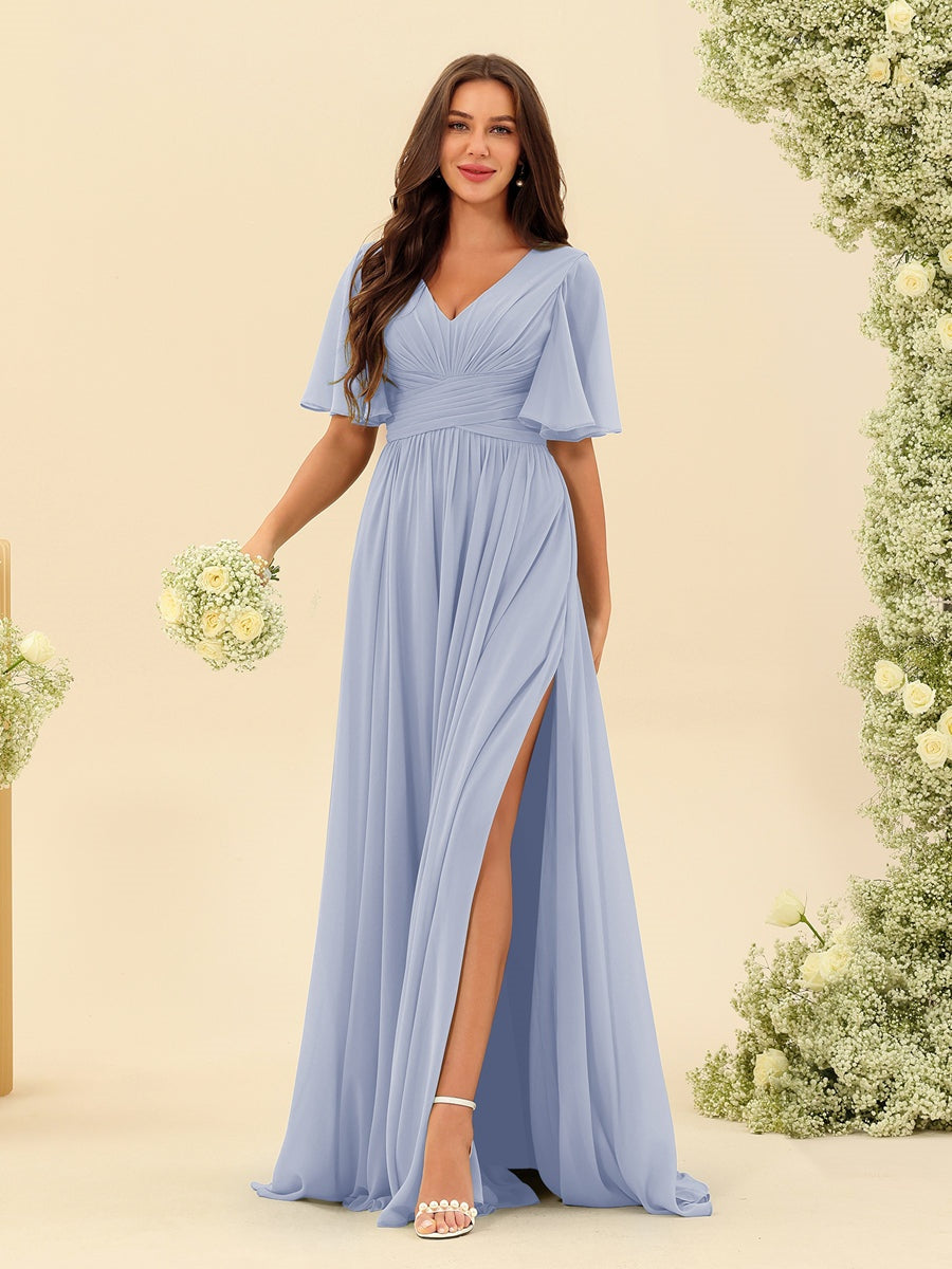 Robe Longue en Chiffon Élégante – Silhouette Fluide A-Line avec Fente Latérale et Volants