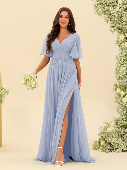 Robe Longue en Chiffon Élégante – Silhouette Fluide A-Line avec Fente Latérale et Volants