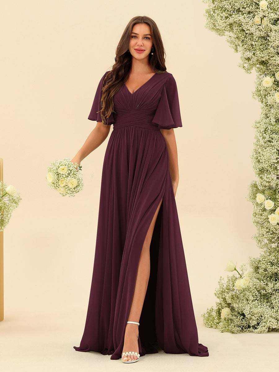 Robe Longue en Chiffon Élégante – Silhouette Fluide A-Line avec Fente Latérale et Volants