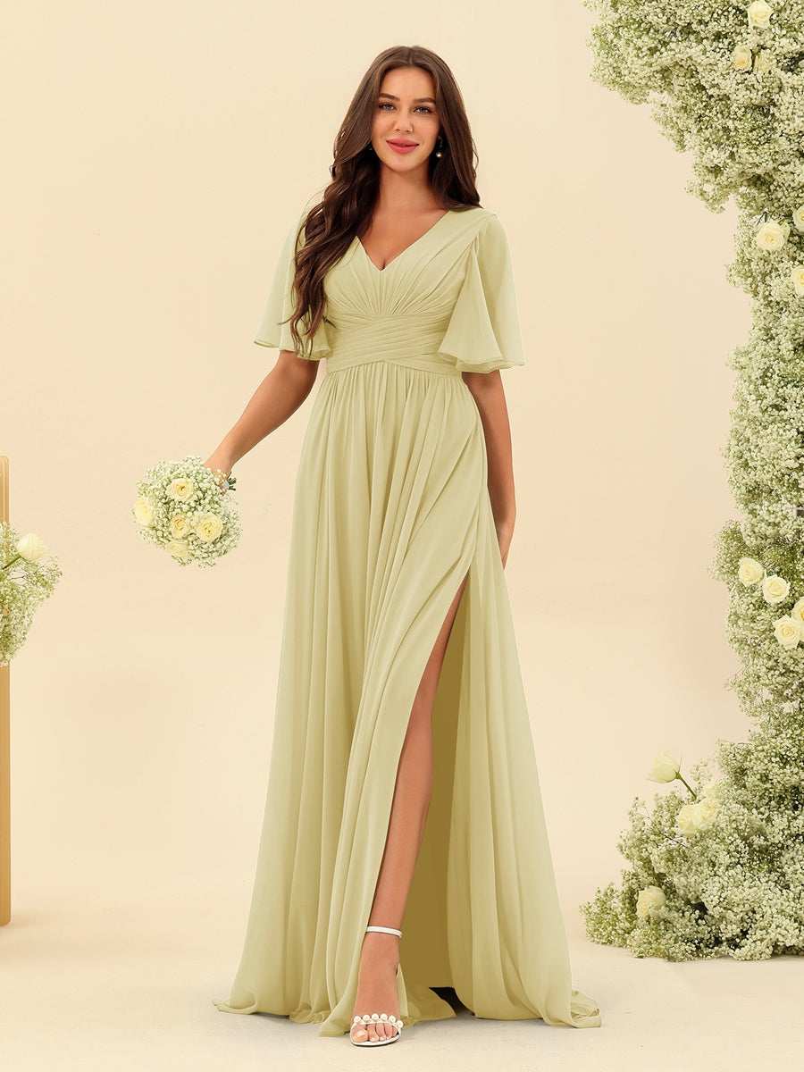Robe Longue en Chiffon Élégante – Silhouette Fluide A-Line avec Fente Latérale et Volants