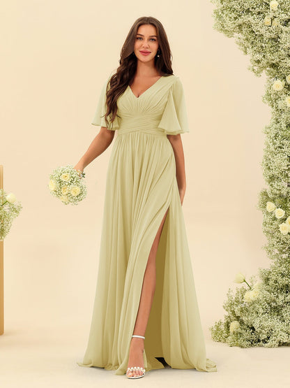 Robe Longue en Chiffon Élégante – Silhouette Fluide A-Line avec Fente Latérale et Volants