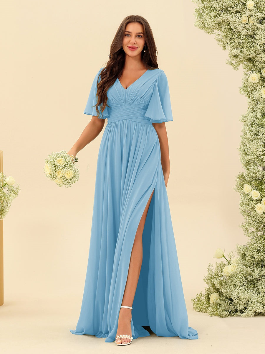 Robe Longue en Chiffon Élégante – Silhouette Fluide A-Line avec Fente Latérale et Volants