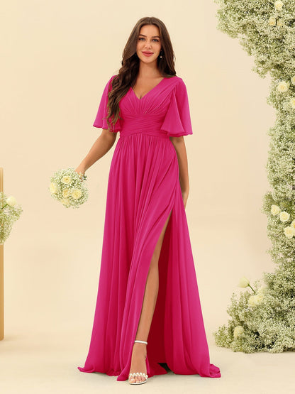 Robe Longue en Chiffon Élégante – Silhouette Fluide A-Line avec Fente Latérale et Volants