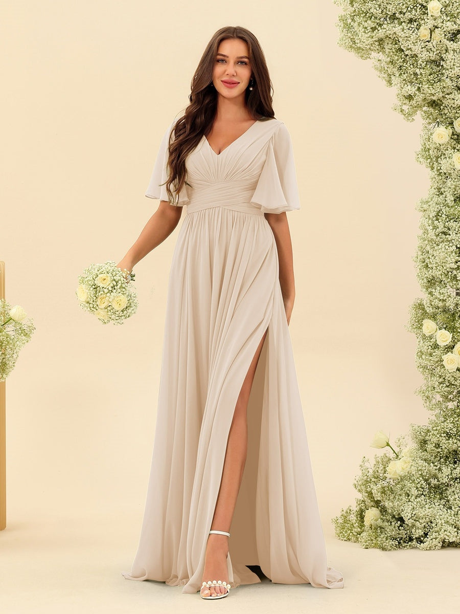 Robe Longue en Chiffon Élégante – Silhouette Fluide A-Line avec Fente Latérale et Volants