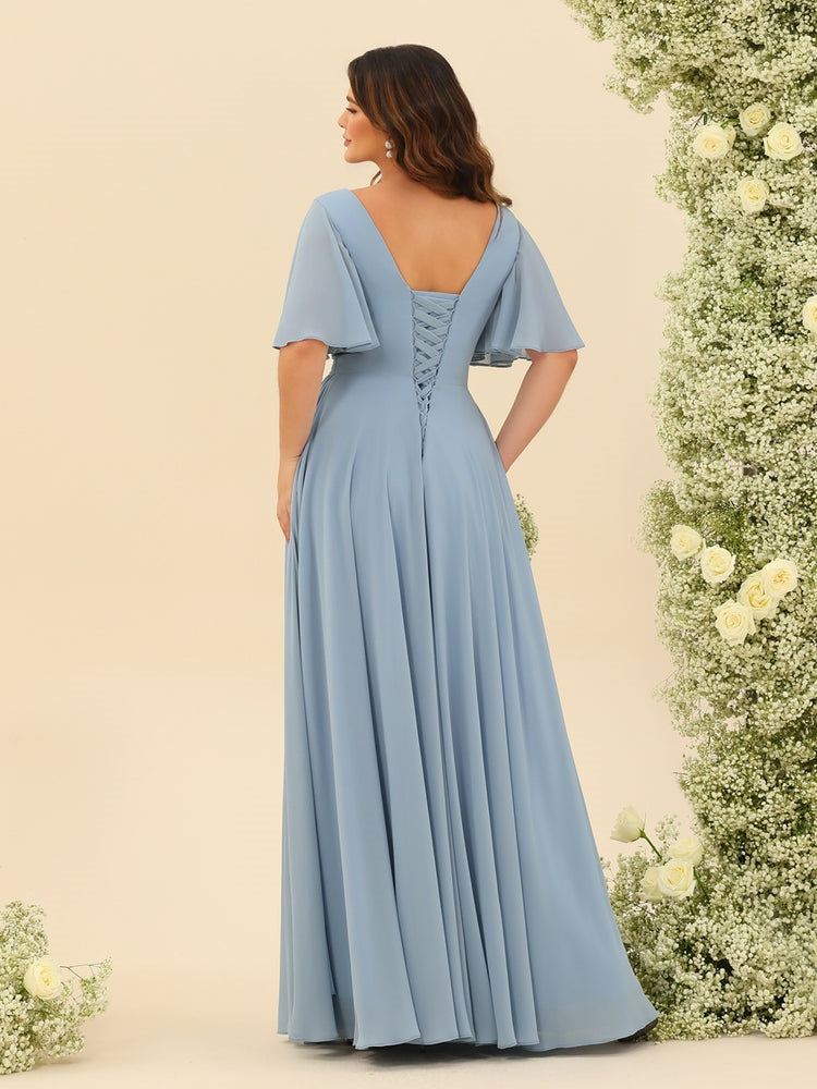 Robe Longue en Chiffon Élégante – Silhouette Fluide A-Line avec Fente Latérale et Volants