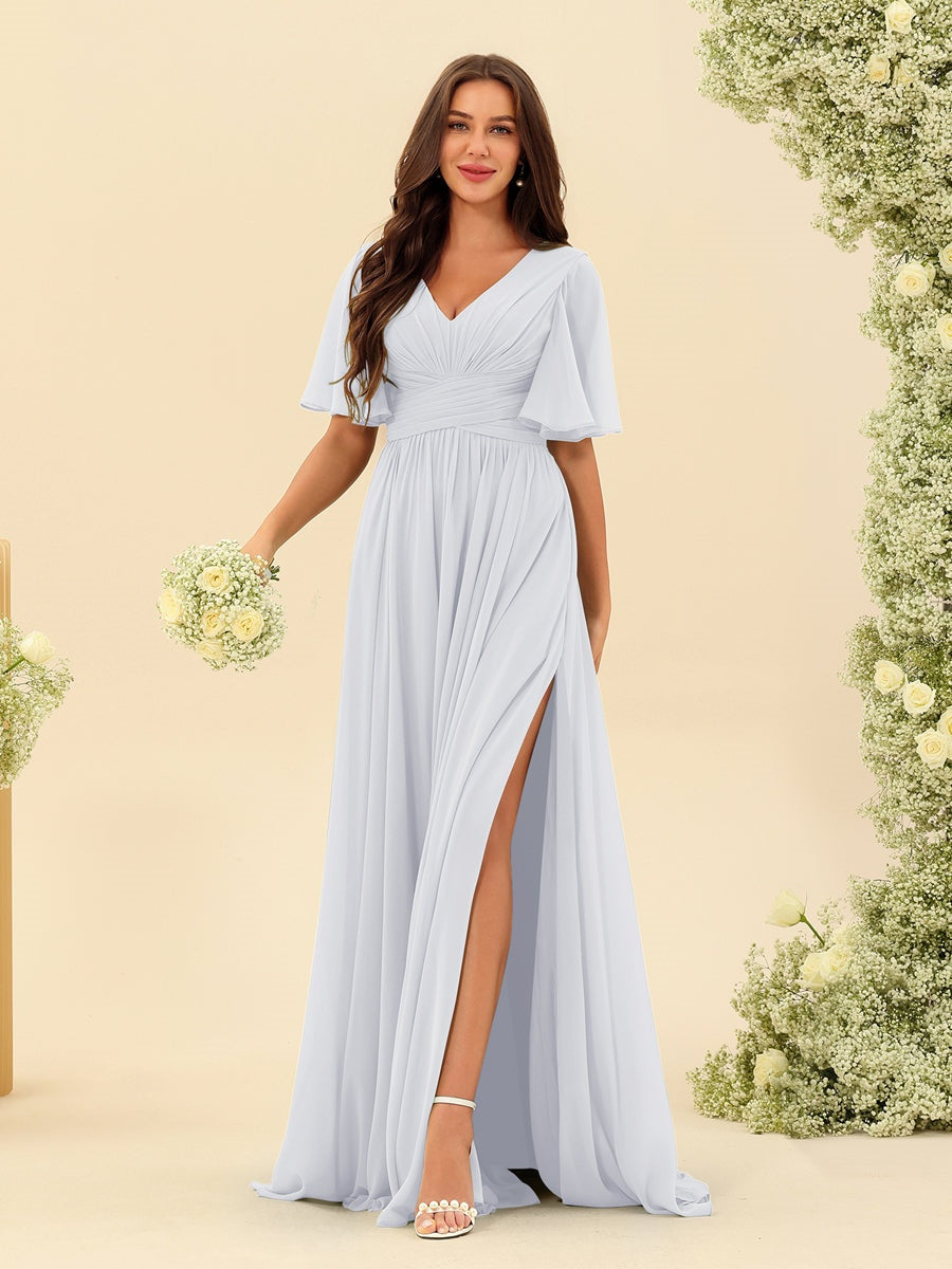 Robe Longue en Chiffon Élégante – Silhouette Fluide A-Line avec Fente Latérale et Volants