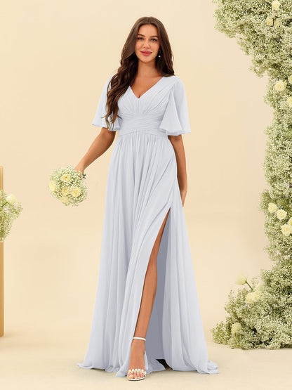 Robe Longue en Chiffon Élégante – Silhouette Fluide A-Line avec Fente Latérale et Volants
