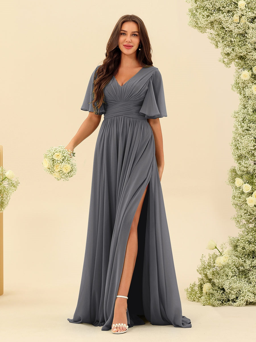 Robe Longue en Chiffon Élégante – Silhouette Fluide A-Line avec Fente Latérale et Volants