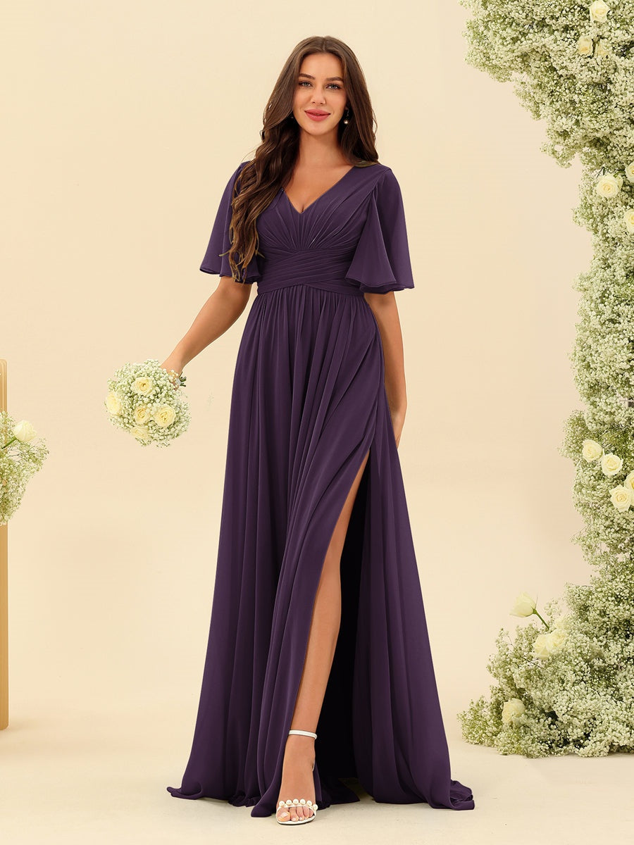 Robe Longue en Chiffon Élégante – Silhouette Fluide A-Line avec Fente Latérale et Volants