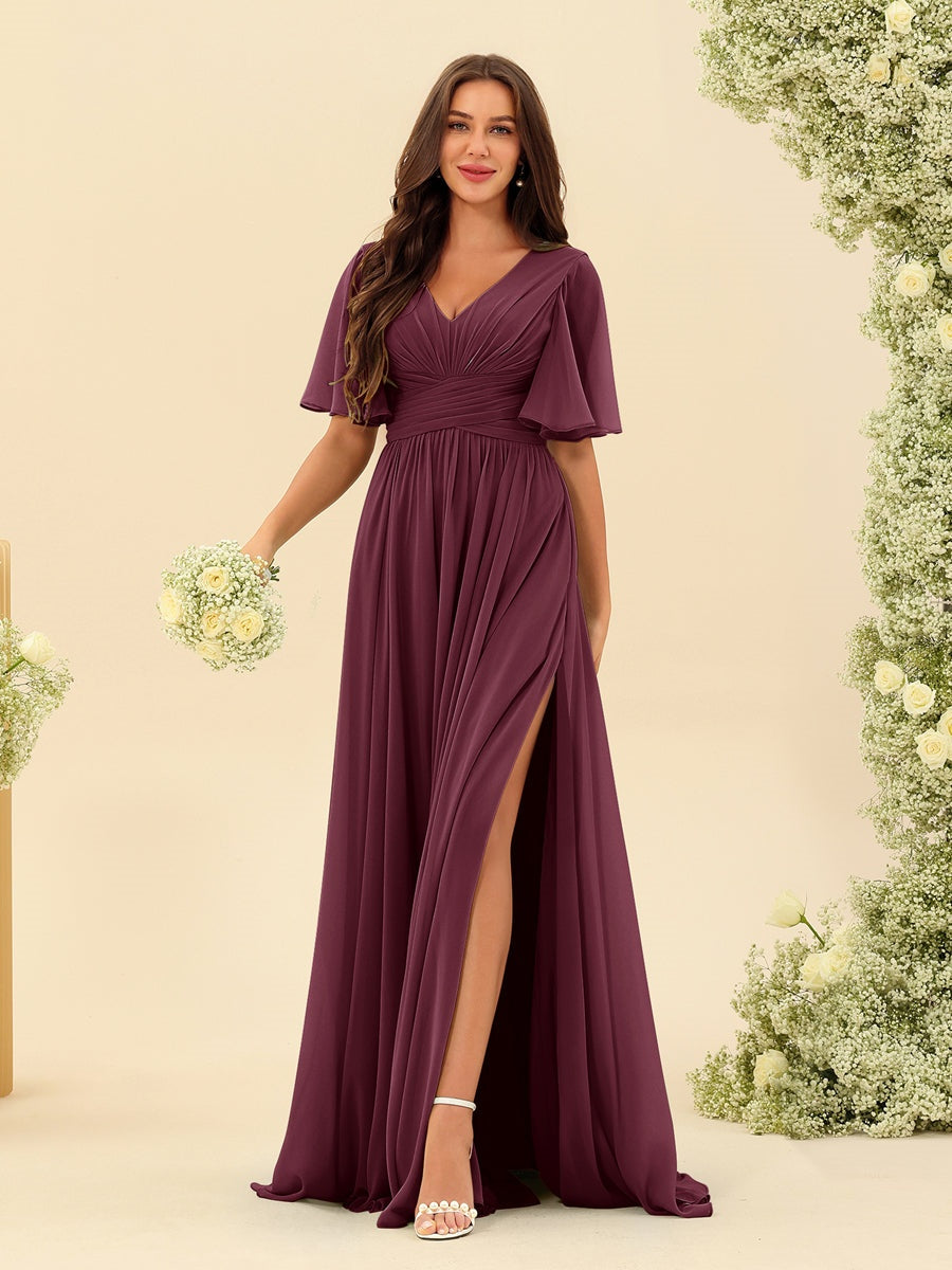 Robe Longue en Chiffon Élégante – Silhouette Fluide A-Line avec Fente Latérale et Volants