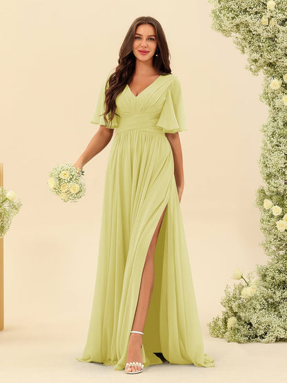 Robe Longue en Chiffon Élégante – Silhouette Fluide A-Line avec Fente Latérale et Volants