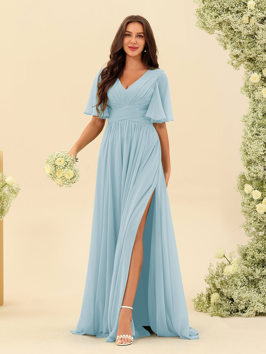 Robe Longue en Chiffon Élégante – Silhouette Fluide A-Line avec Fente Latérale et Volants