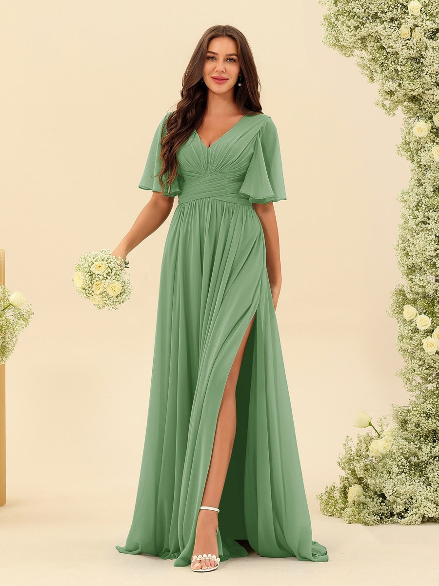 Robe Longue en Chiffon Élégante – Silhouette Fluide A-Line avec Fente Latérale et Volants