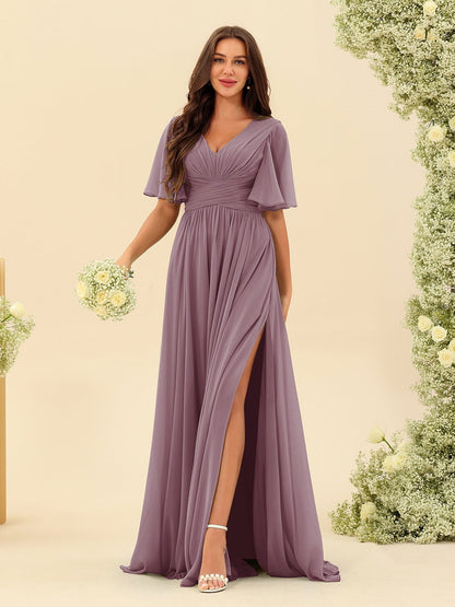 Robe Longue en Chiffon Élégante – Silhouette Fluide A-Line avec Fente Latérale et Volants