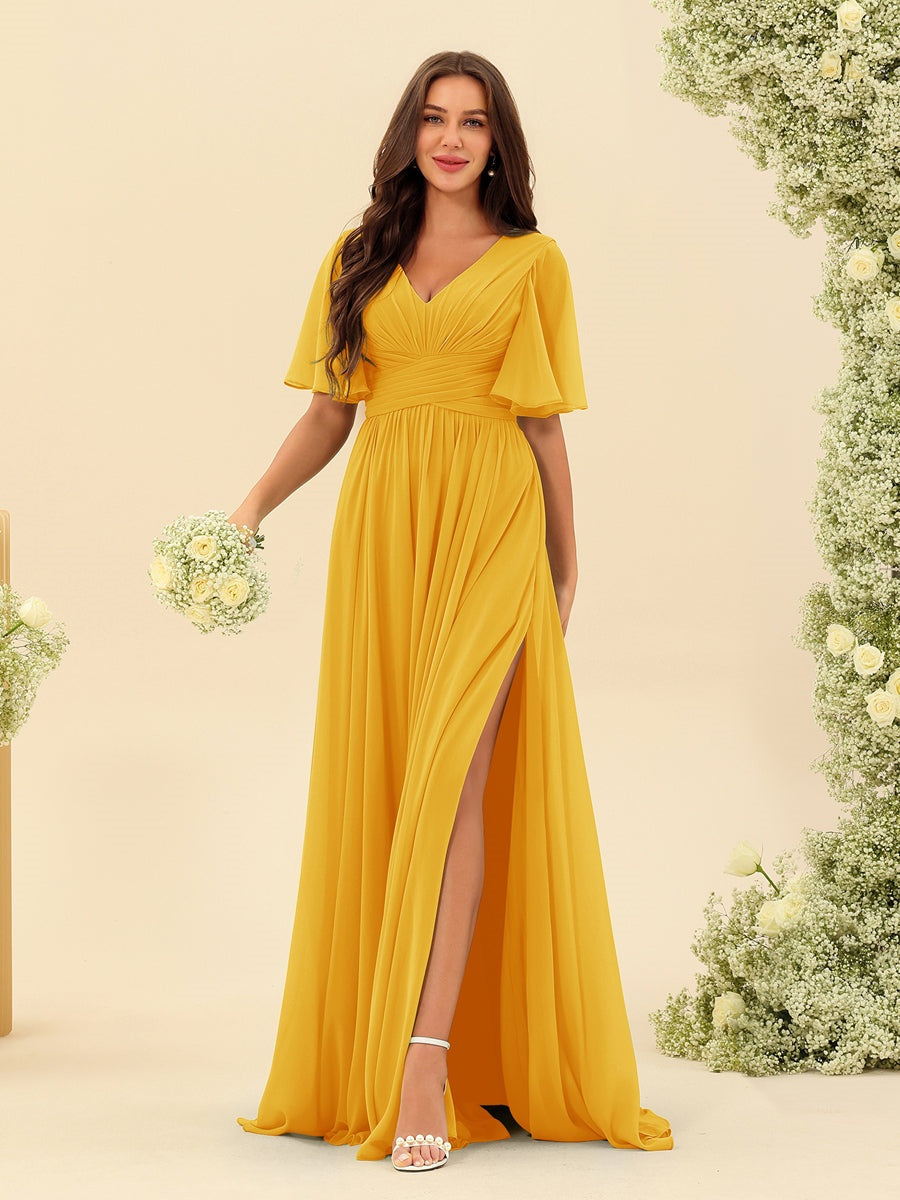 Robe Longue en Chiffon Élégante – Silhouette Fluide A-Line avec Fente Latérale et Volants