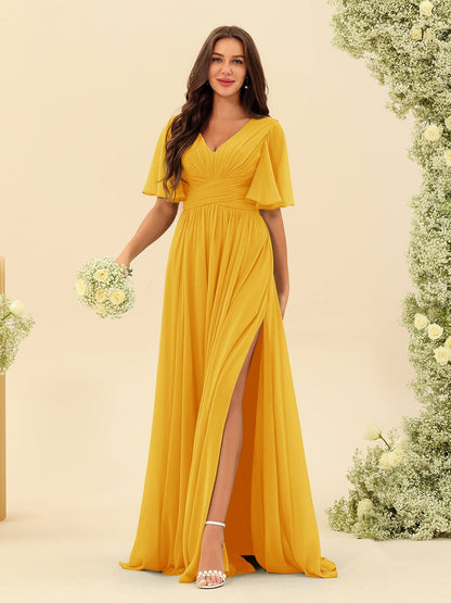 Robe Longue en Chiffon Élégante – Silhouette Fluide A-Line avec Fente Latérale et Volants