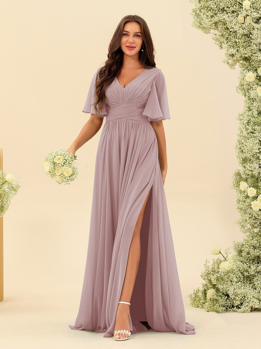 Robe Longue en Chiffon Élégante – Silhouette Fluide A-Line avec Fente Latérale et Volants