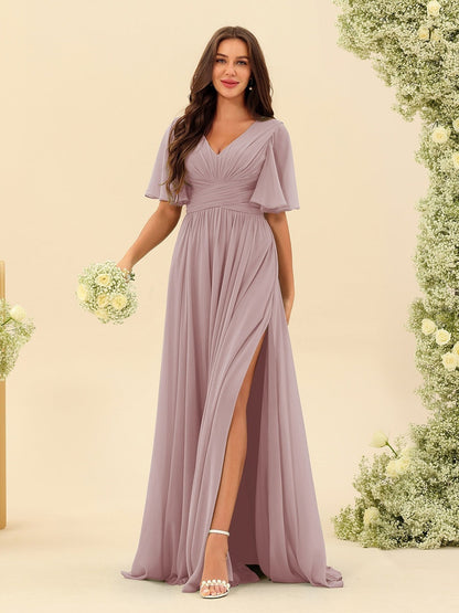Robe Longue en Chiffon Élégante – Silhouette Fluide A-Line avec Fente Latérale et Volants