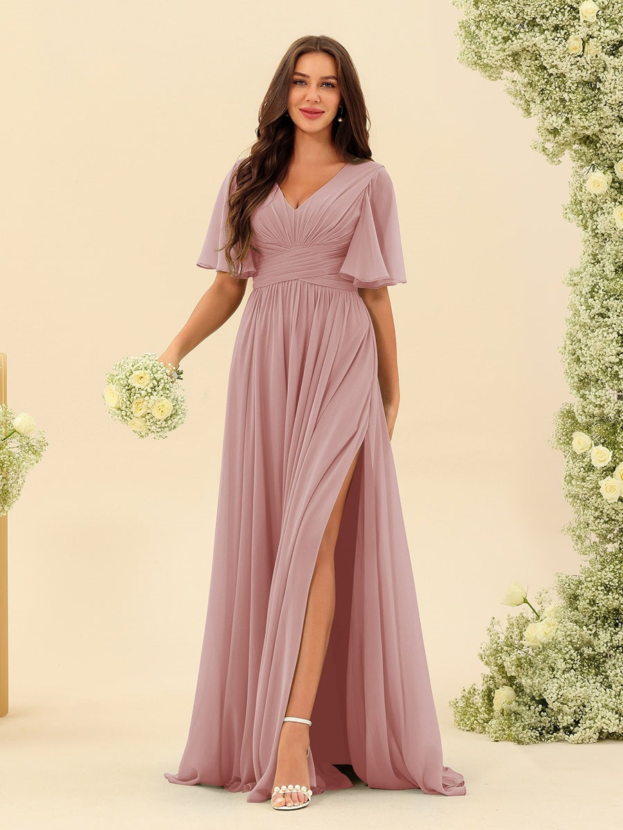 Robe Longue en Chiffon Élégante – Silhouette Fluide A-Line avec Fente Latérale et Volants