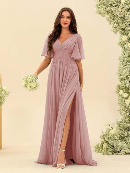 Robe Longue en Chiffon Élégante – Silhouette Fluide A-Line avec Fente Latérale et Volants