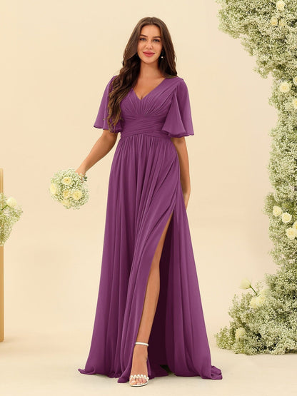Robe Longue en Chiffon Élégante – Silhouette Fluide A-Line avec Fente Latérale et Volants