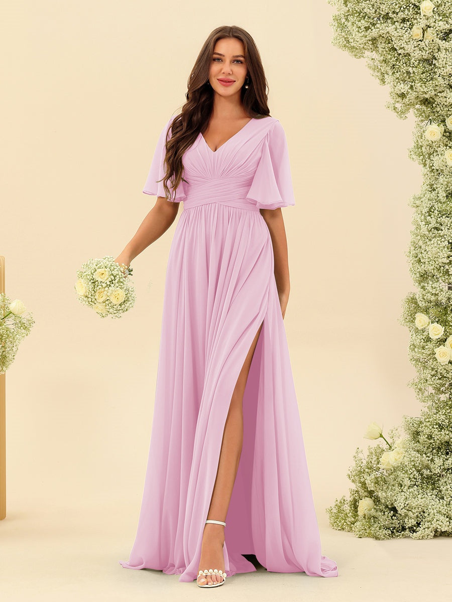 Robe Longue en Chiffon Élégante – Silhouette Fluide A-Line avec Fente Latérale et Volants