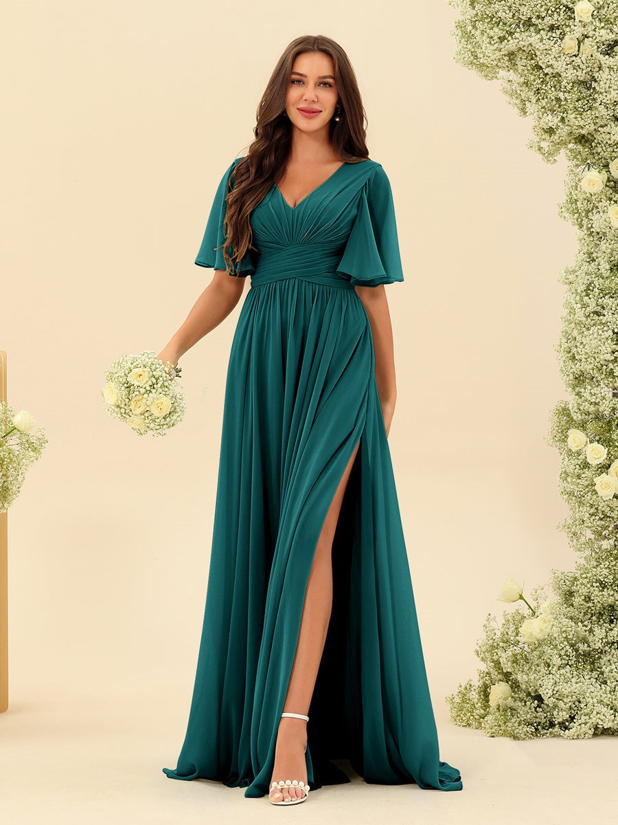 Robe Longue en Chiffon Élégante – Silhouette Fluide A-Line avec Fente Latérale et Volants