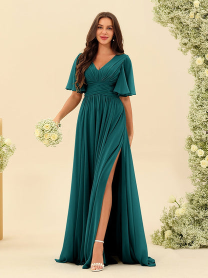 Robe Longue en Chiffon Élégante – Silhouette Fluide A-Line avec Fente Latérale et Volants