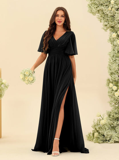 Robe Longue en Chiffon Élégante – Silhouette Fluide A-Line avec Fente Latérale et Volants