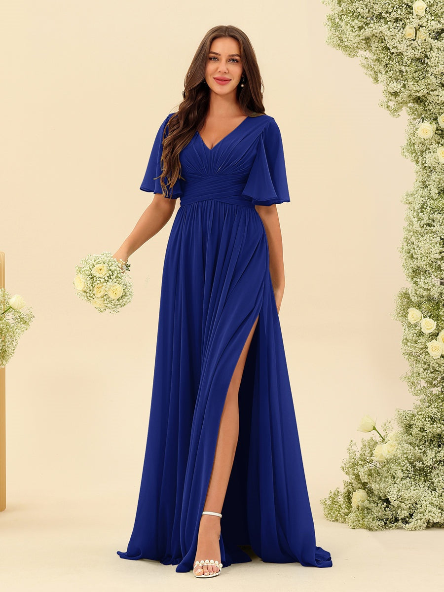 Robe Longue en Chiffon Élégante – Silhouette Fluide A-Line avec Fente Latérale et Volants