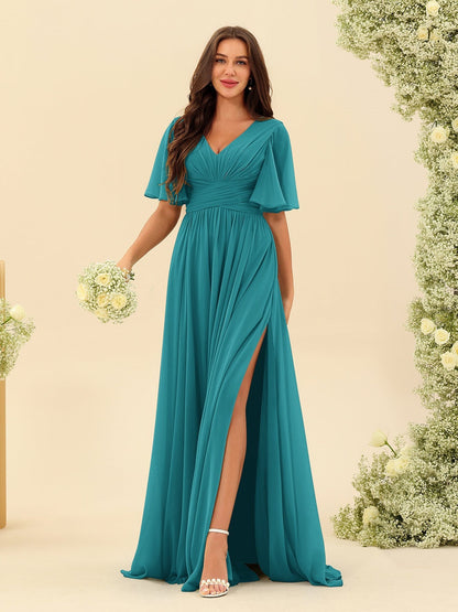 Robe Longue en Chiffon Élégante – Silhouette Fluide A-Line avec Fente Latérale et Volants