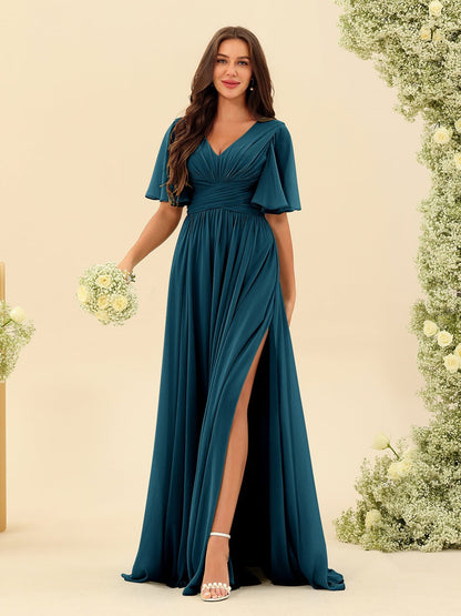 Robe Longue en Chiffon Élégante – Silhouette Fluide A-Line avec Fente Latérale et Volants