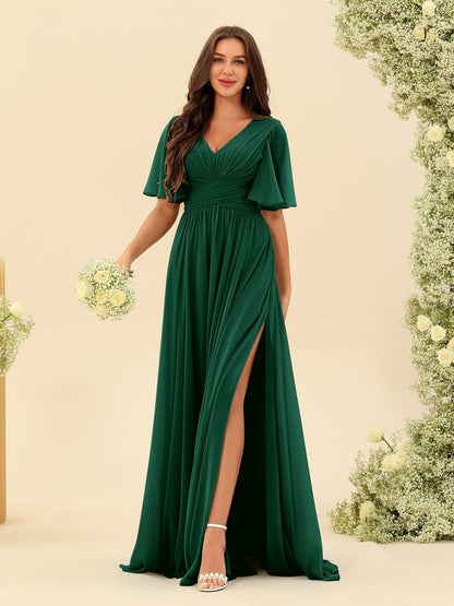 Robe Longue en Chiffon Élégante – Silhouette Fluide A-Line avec Fente Latérale et Volants