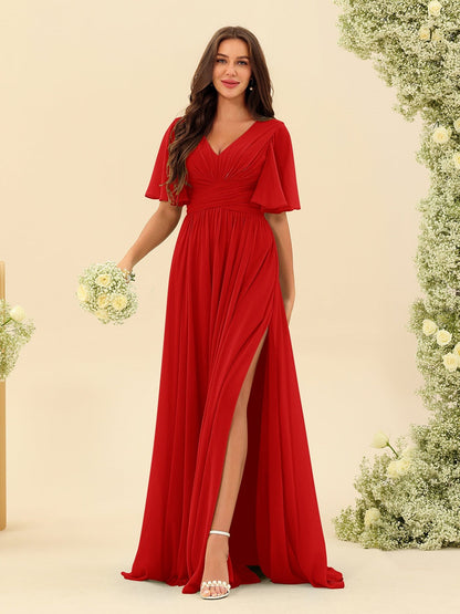 Robe Longue en Chiffon Élégante – Silhouette Fluide A-Line avec Fente Latérale et Volants