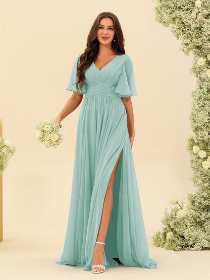 Robe Longue en Chiffon Élégante – Silhouette Fluide A-Line avec Fente Latérale et Volants