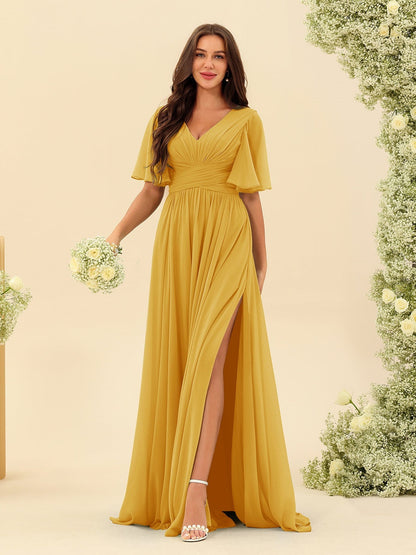 Robe Longue en Chiffon Élégante – Silhouette Fluide A-Line avec Fente Latérale et Volants