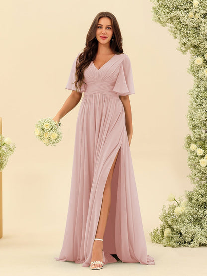 Robe Longue en Chiffon Élégante – Silhouette Fluide A-Line avec Fente Latérale et Volants