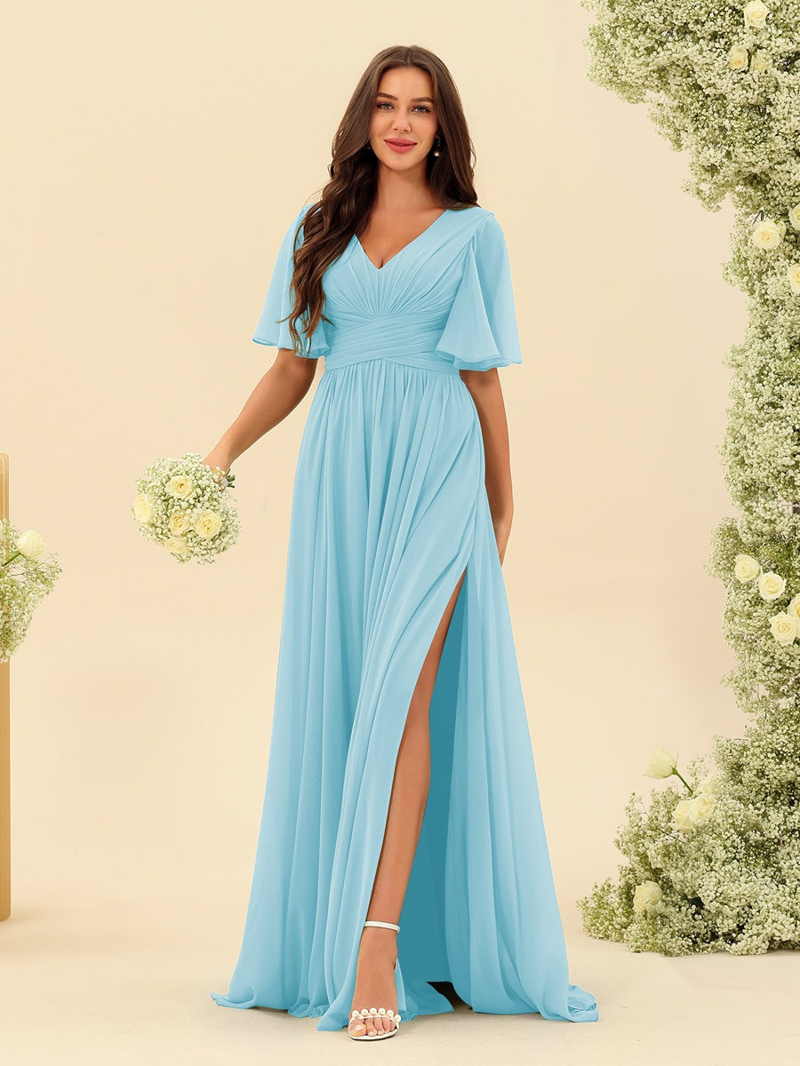 Robe Longue en Chiffon Élégante – Silhouette Fluide A-Line avec Fente Latérale et Volants
